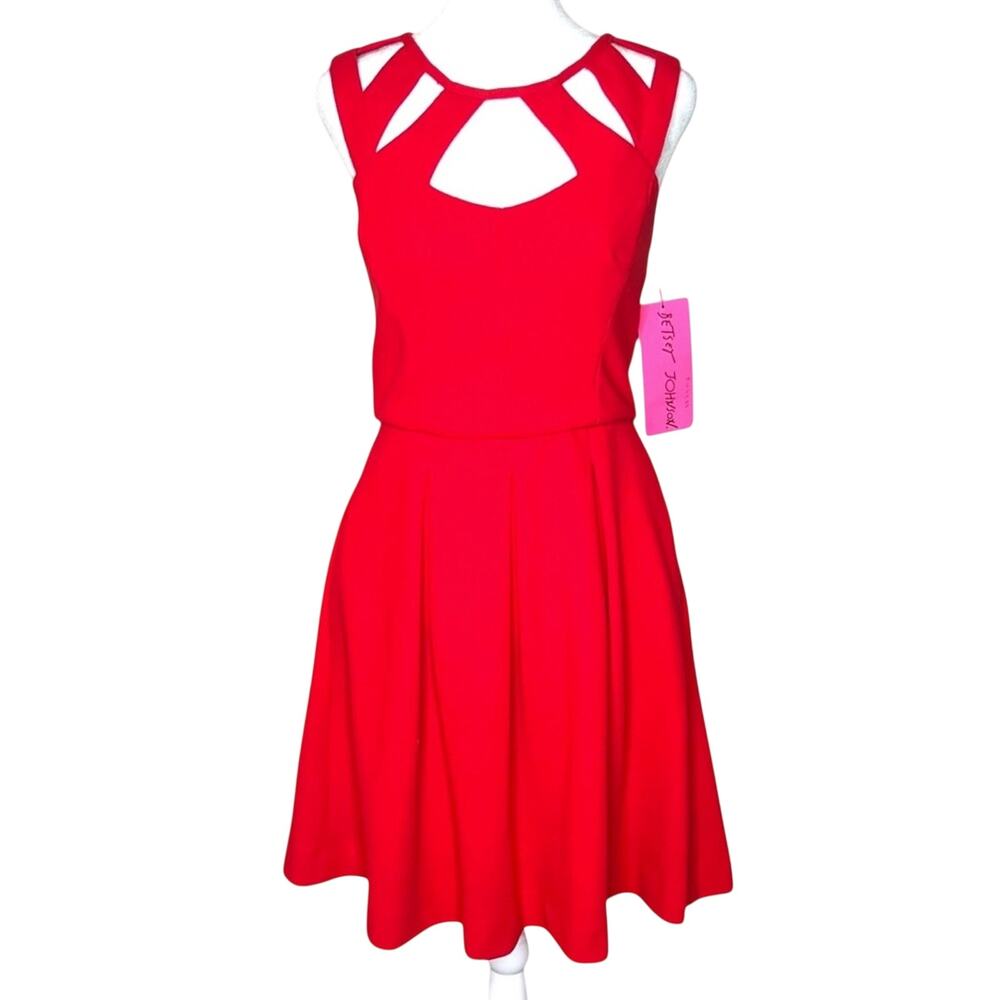 Betsey Johnson Red Cage Neck Cutout Skater Dress 8 Flare Mini NWT Flaw